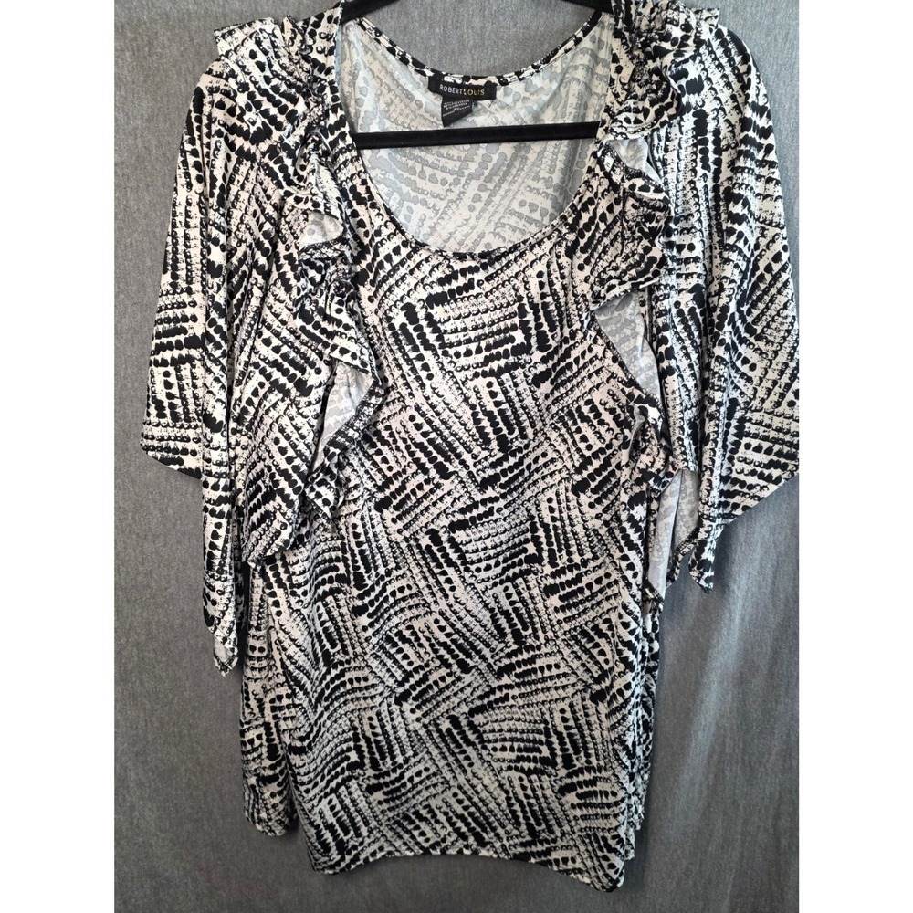 Robert Louis Blouse Plus Size 3X XXX Black White Abstract Ruffle Flutter Sleeve